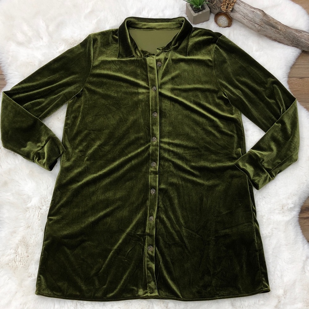 Green Velvet Velour Holiday Festive Tunic Dress - Picture 1 of 6